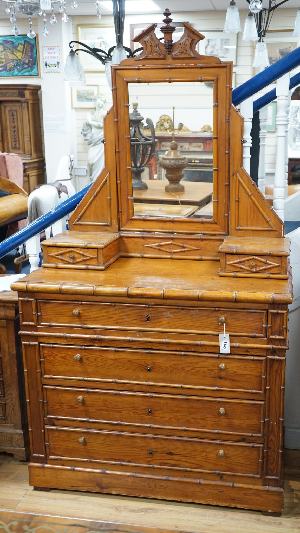 A 19th century French faux bamboo pitch pine dressing chest, width 101cm, depth 48cm, height 180cm